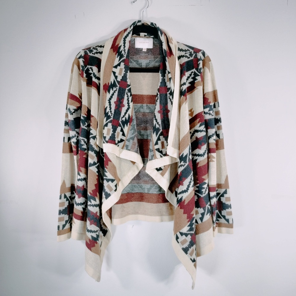Skies Are Blue Open Front Aztec Cardigan in Cream, Tan, Rust, Green, Black